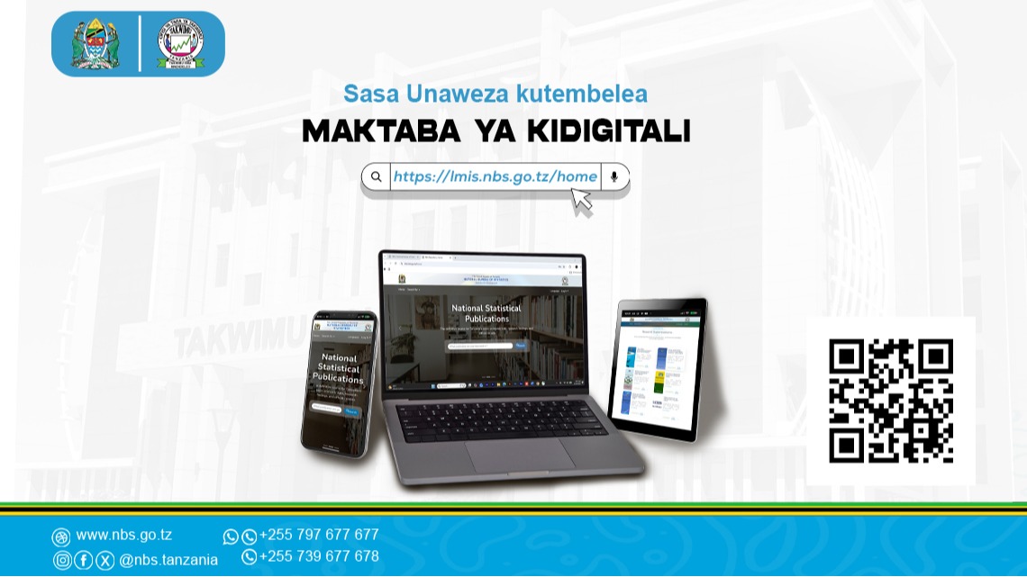 Ofisi ya Taifa ya Takwimu - NBS, sasa rasmi imeanza kutoa huduma ya Maktaba Mtandao (e-Library) kuanzia tarehe 19 Mei 2026 ambapo kwa kufanya hivyo huduma hiyo itasaidia taasisi za Serikali, wadau wa maendeleo pamoja na Wananchi kusoma machapisho mbalimbali yaliyosheheni Takwimu Rasmi kwa ajili ya mipango yao.
