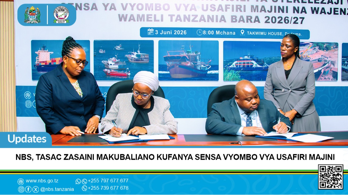 Ofisi ya Taifa ya Takwimu - NBS kwa kushirikiana na Shirika la Uwakala wa Meli Tanzania - TASAC, zimesaini Makubaliano ya Ushirikiano - MoU kufanya Sensa ya Vyombo vya Usafiri wa Majini na Wajenzi wa Meli Tanzania Bara Mwaka 2026/2027 ili kupata Takwimu rasmi zitakazosaidia kuboresha usimamizi na maendeleo ya sekta hiyo.