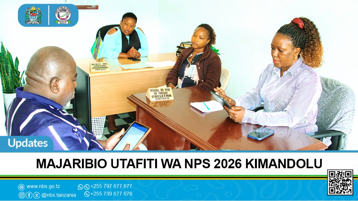 Timu ya watakwimu kutoka Ofisi ya Taifa ya Takwimu - NBS kwa kushirikiana na Ofisi ya Mtakwimu Mkuu wa Serikali Zanzibar - OCGS tarehe 12 Mei 2026 imefika katika Mtaa wa Tindigani, Kata ya Kimandolu Halimashauri ya Jiji la Arusha ikiendelea na zoezi la majaribio ya nyenzo zitakazotumika katika Utafiti rasmi wa Kufuatilia Kaya (National Panel Survey (NPS)) Awamu ya Sita 2026 wenye lengo la kubaini maendeleo ya kaya nchini.